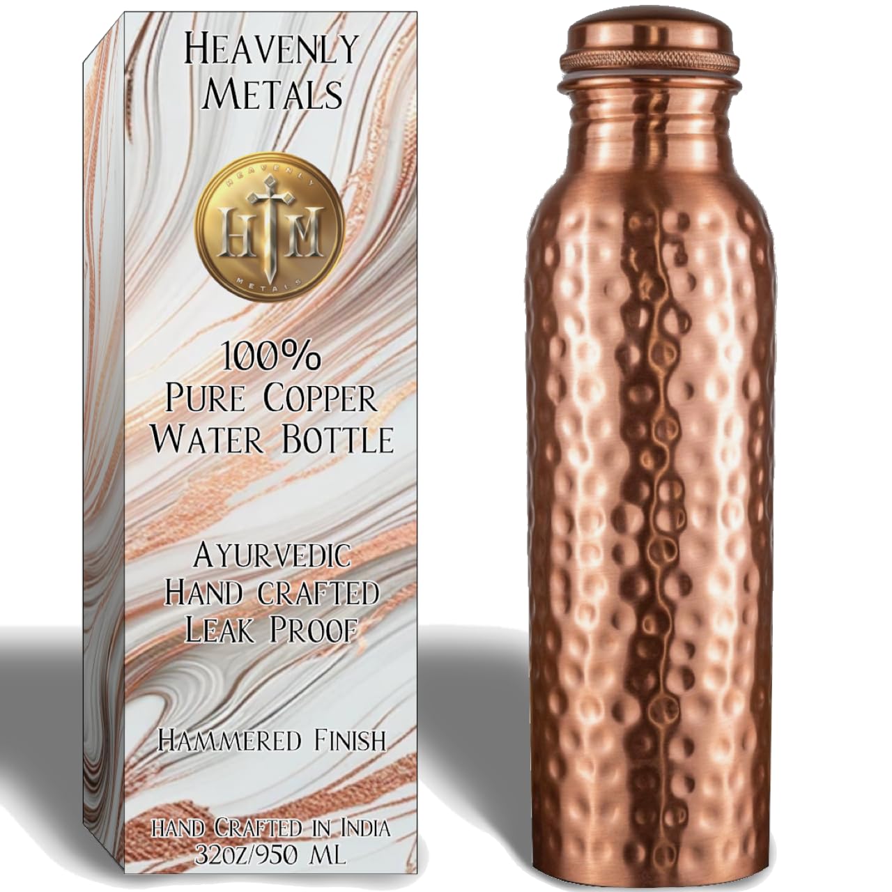 Heavenly Metals 32oz Pure Copper Water Bottle – Handcrafted Ayurvedic Copper Vessel w/Leak Proof Lid- 950ml Bottle (Hammered)